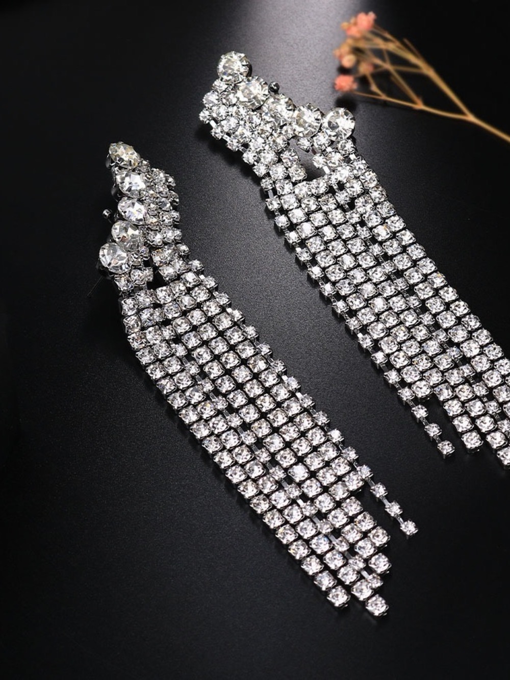 Crystal Fringe Drop Earrings - Silver Tone - Picture 3 of 7